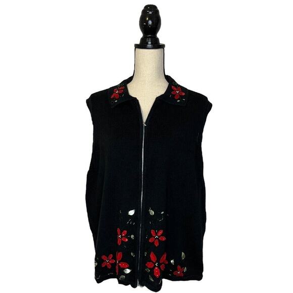 Vintage Hampshire Studio 2XL Black Poinsettia Christmas Zip Up Sweater Vest - Picture 1 of 7